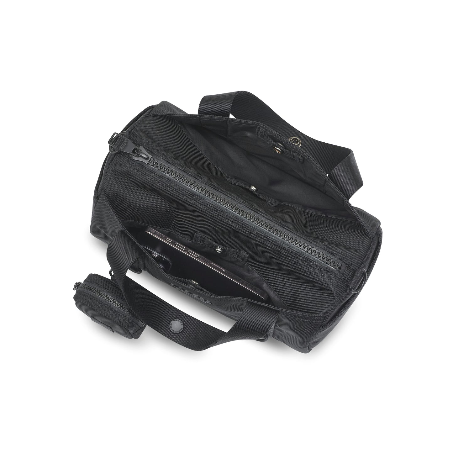 PORTER INTERNATIONAL Rollin Handbag M Black textured nylon shoulder bag cylindrical shape detachable strap mini pouch