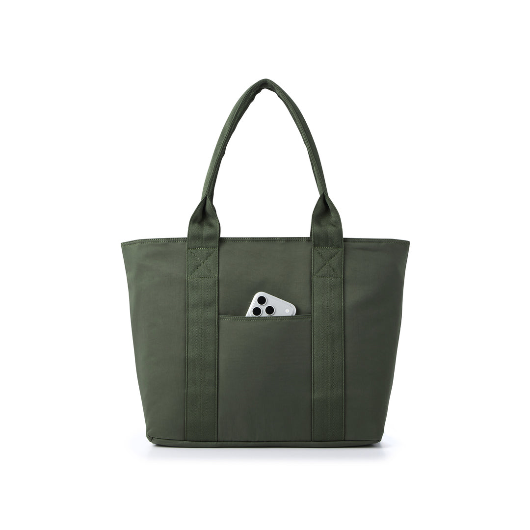 PORTER INTERNATIONAL Anchor Tote (M) 'Forest Green' - rear exterior pocket showing phone storage