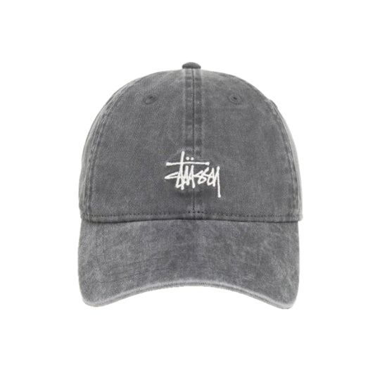 Stüssy Basic Cap Washed Charcoal embroidered logo detail