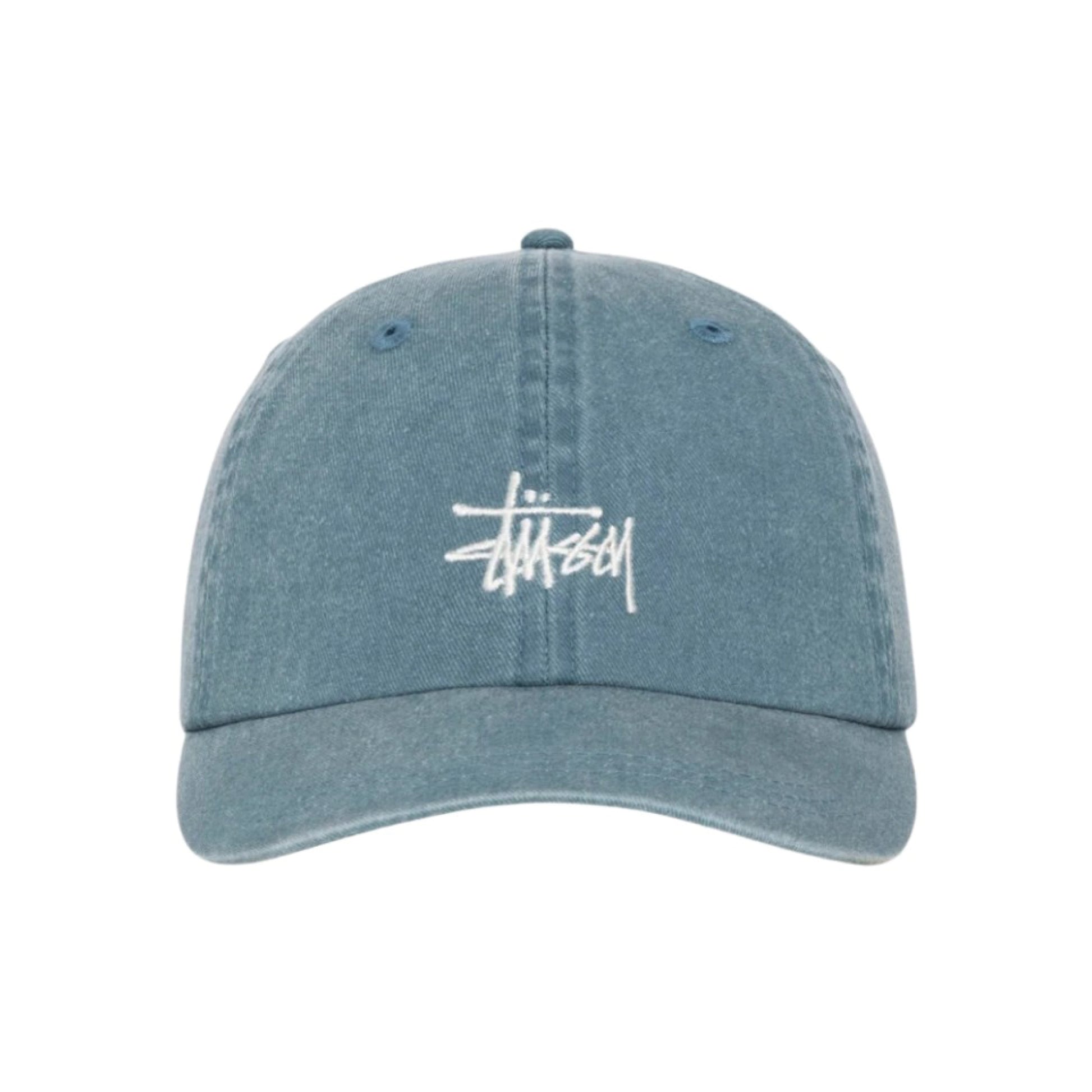 Stüssy Basic Cap Washed Ink Blue embroidered logo detail