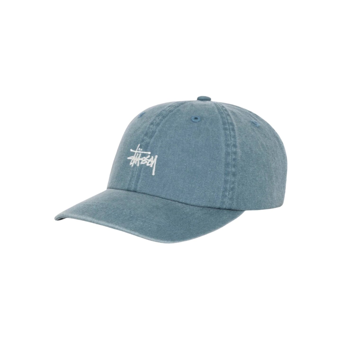 Stüssy Basic Cap Washed Ink Blue embroidered logo detail