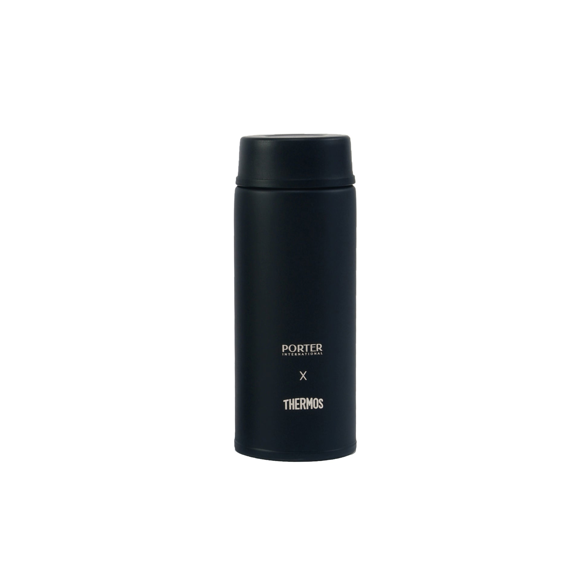 PORTER INTERNATIONAL Stainless Steel Thermal Bottle Black logo front view - SKU 19999-49201