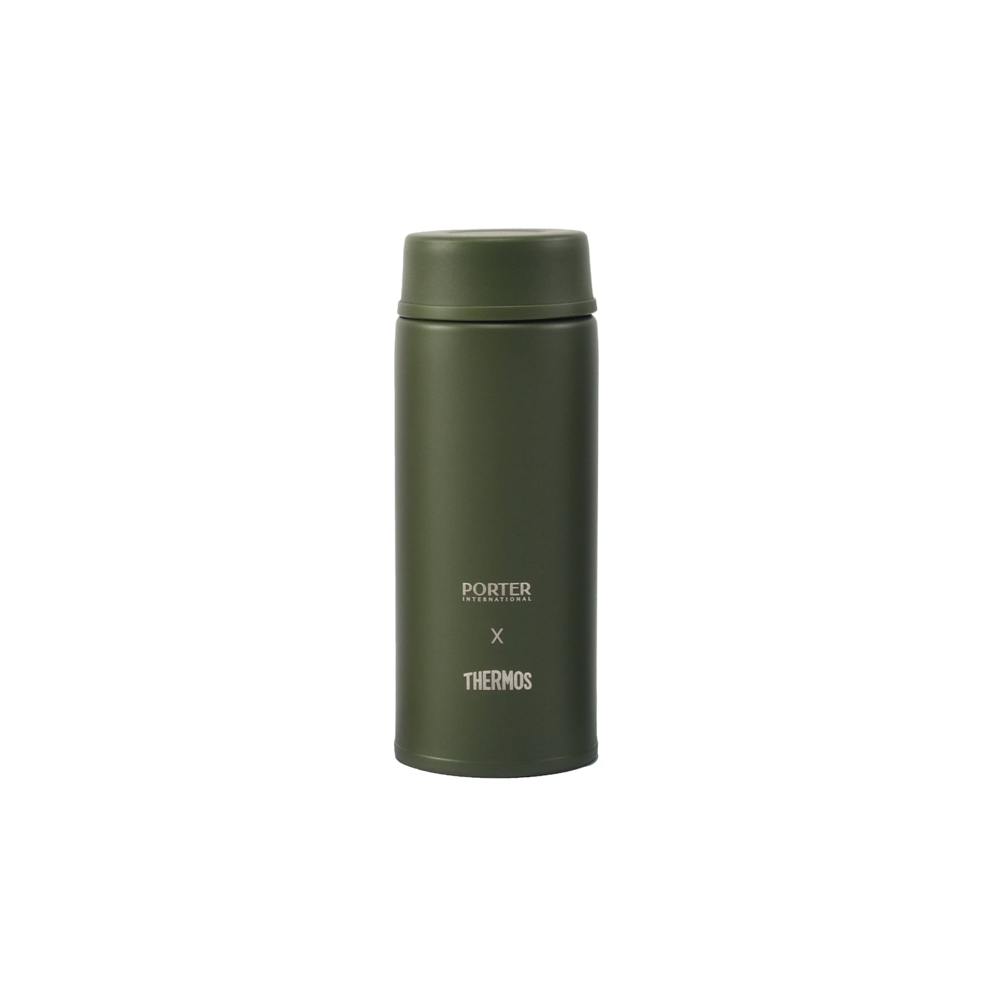 PORTER INTERNATIONAL Stainless Steel Thermal Bottle Khaki Green logo front view - SKU 19999-492125