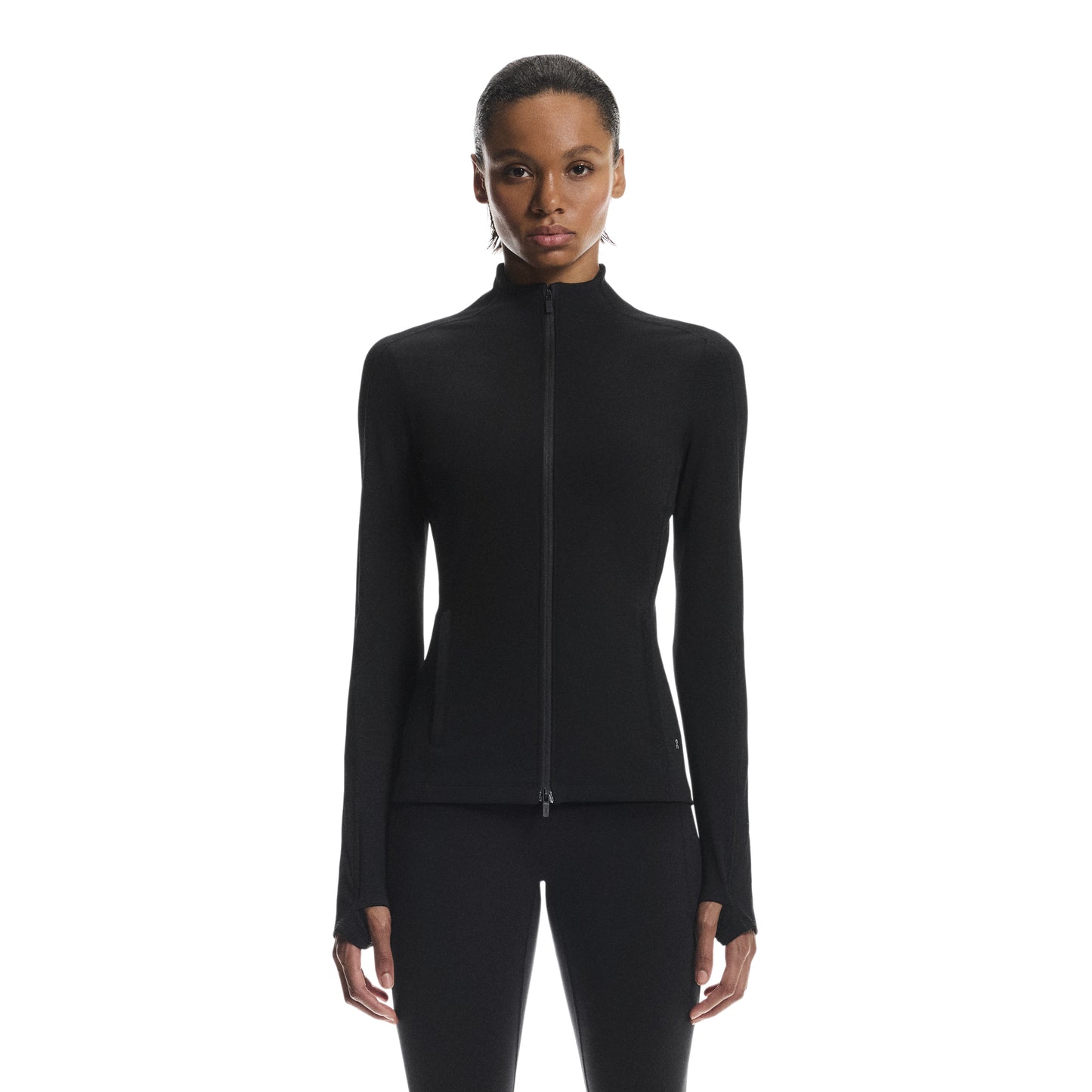 ON Cloud Studio Jacket 1 ‘Black’ (WMNS) – women’s black full-zip performance jacket with slim fit, high collar, and long sleeves