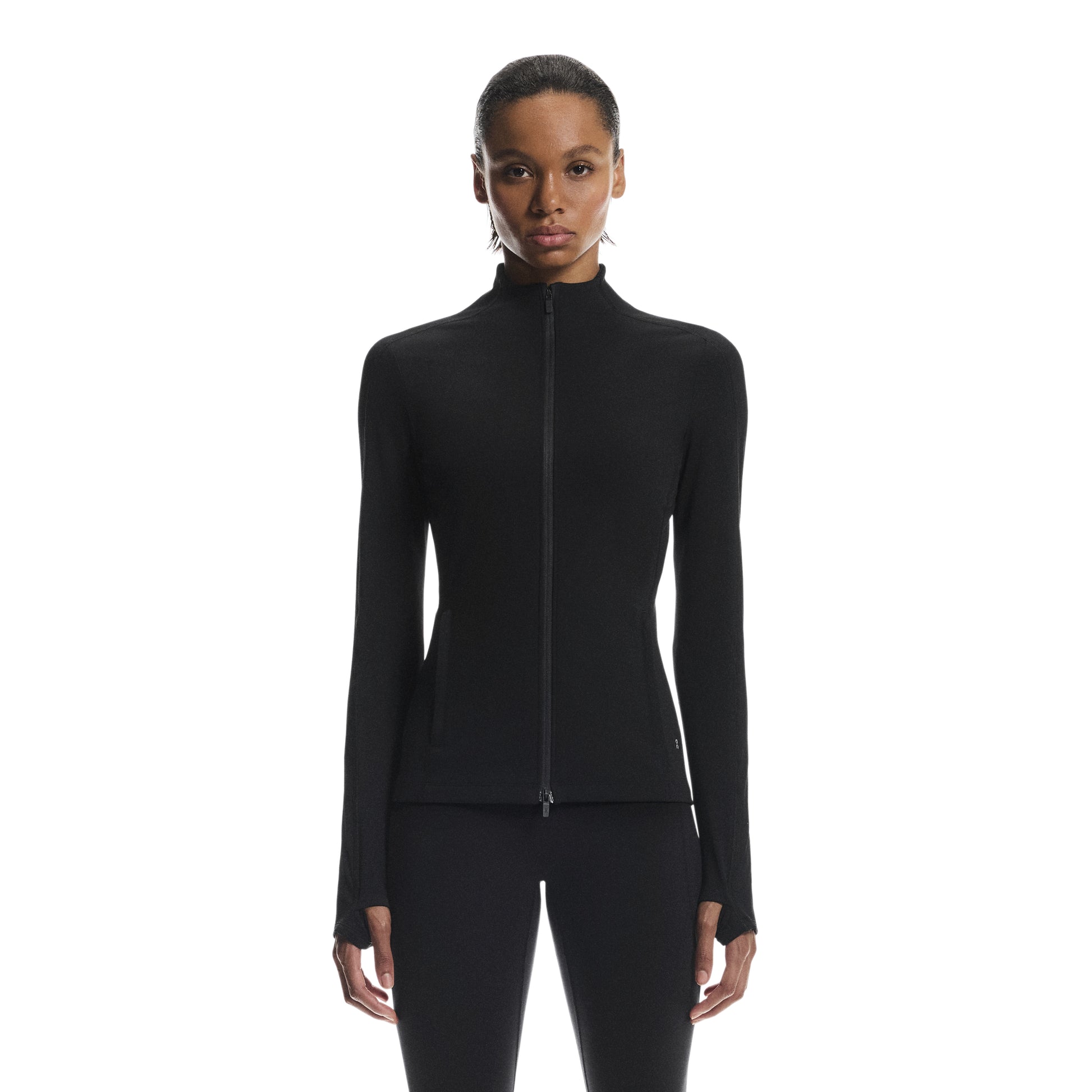 ON Cloud Studio Jacket 1 ‘Black’ (WMNS) – women’s black full-zip performance jacket with slim fit, high collar, and long sleeves