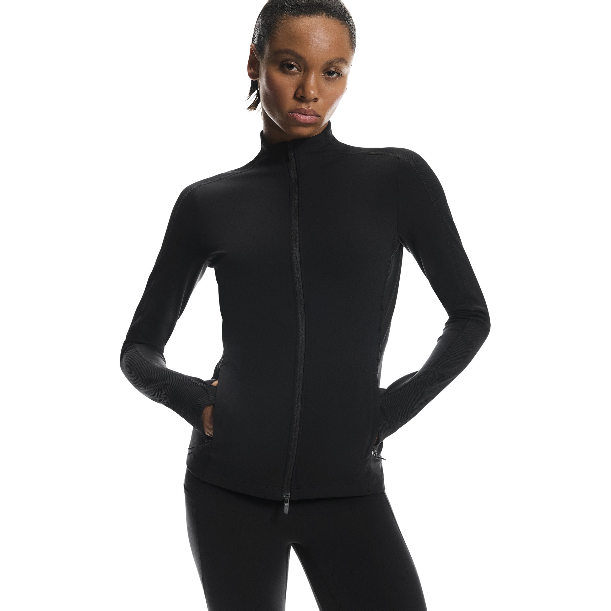 ON Cloud Studio Jacket 1 ‘Black’ (WMNS) – women’s black full-zip performance jacket with slim fit, high collar, and long sleeves