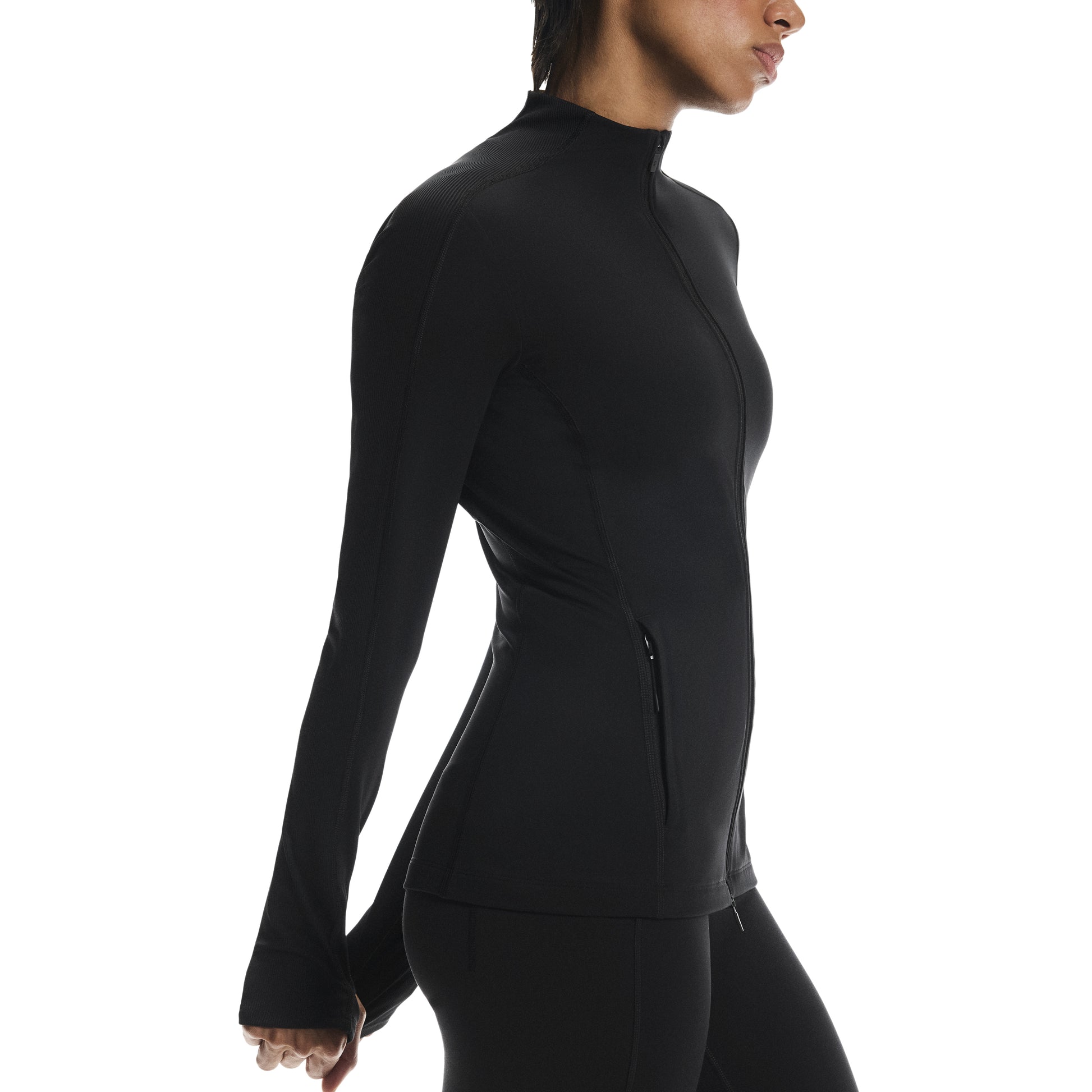 ON Cloud Studio Jacket 1 ‘Black’ (WMNS) – women’s black full-zip performance jacket with slim fit, high collar, and long sleeves