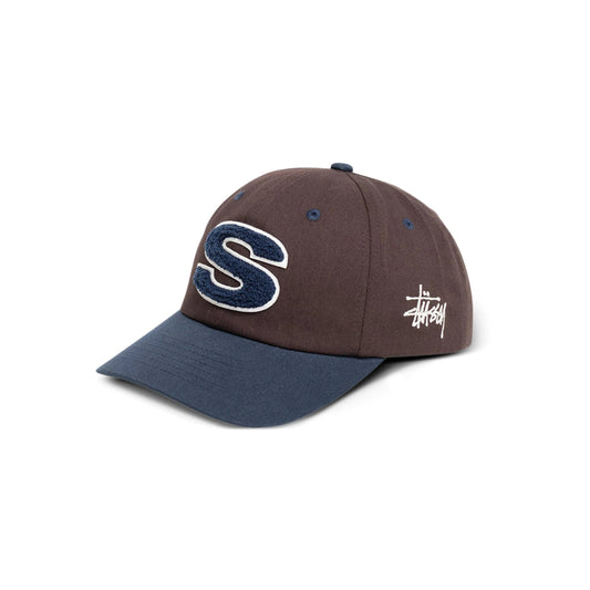Stüssy Chenille S Low Pro Cap Dark Brown cotton baseball cap chenille S patch curved brim streetwear headwear