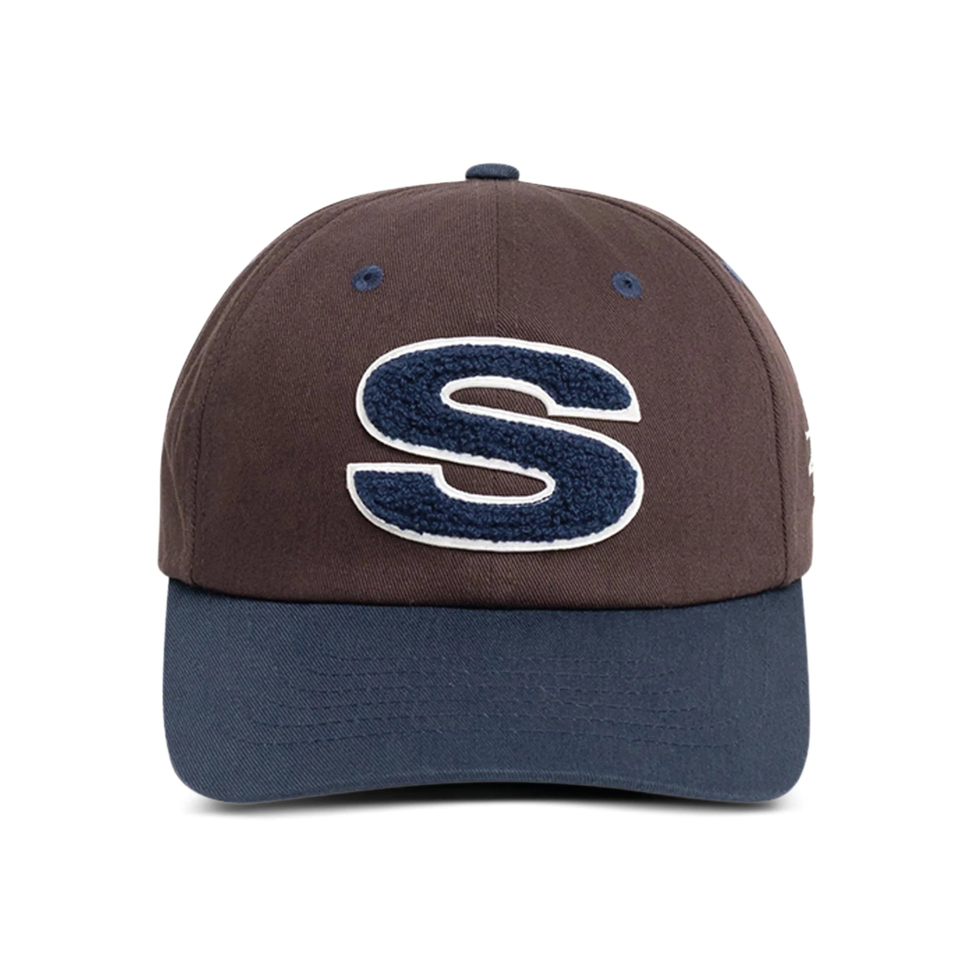 Stüssy Chenille S Low Pro Cap Dark Brown cotton baseball cap chenille S patch curved brim streetwear headwear