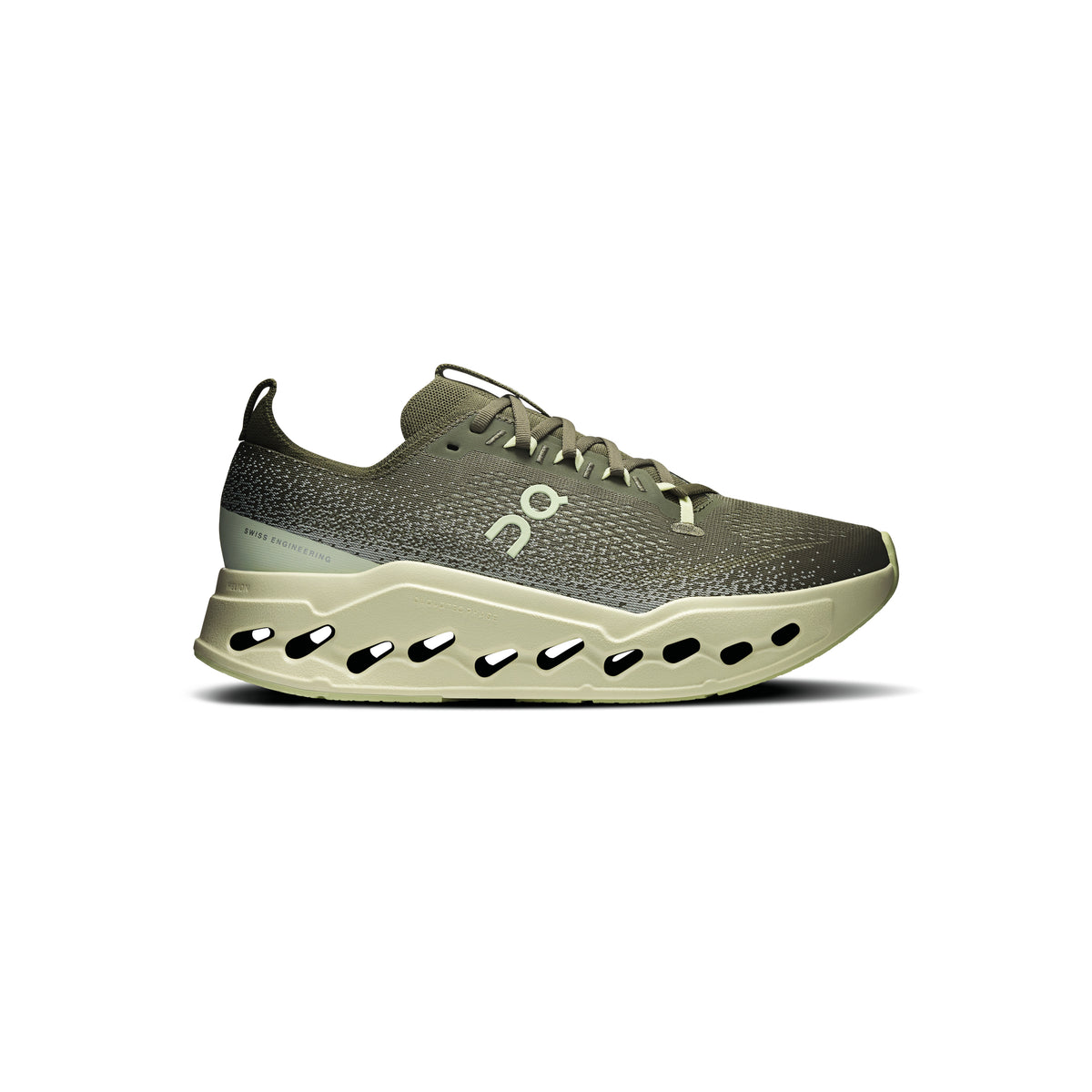 ON Cloudsurfer Max Olive Seedling running shoe with CloudTec Phase cushioning Helion superfoam and breathable mesh upper