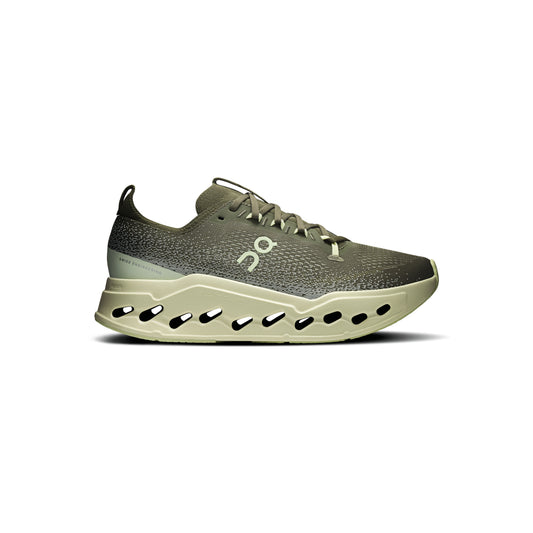 ON Cloudsurfer Max Olive Seedling running shoe with CloudTec Phase cushioning Helion superfoam and breathable mesh upper