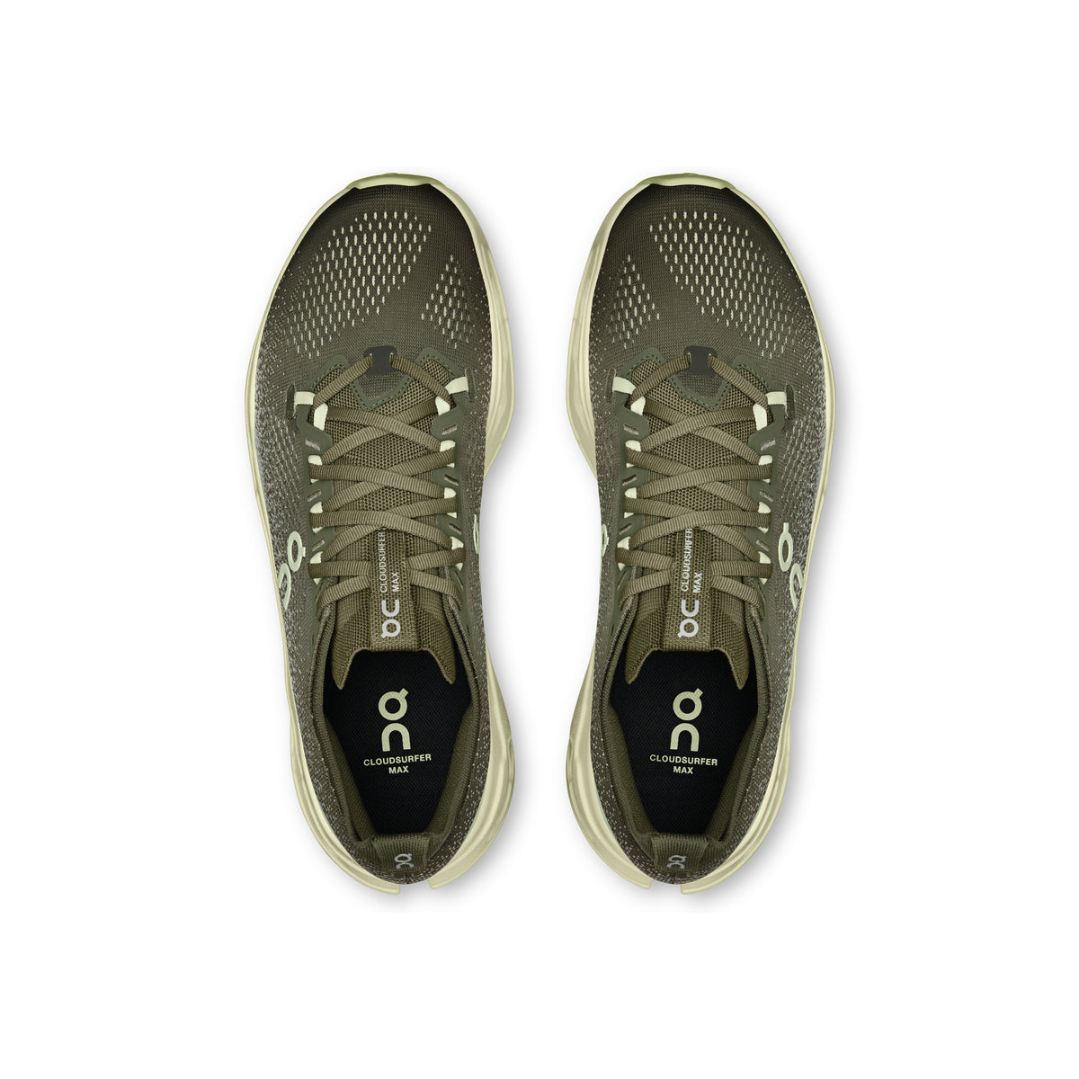 ON Cloudsurfer Max Olive Seedling running shoe with CloudTec Phase cushioning Helion superfoam and breathable mesh upper