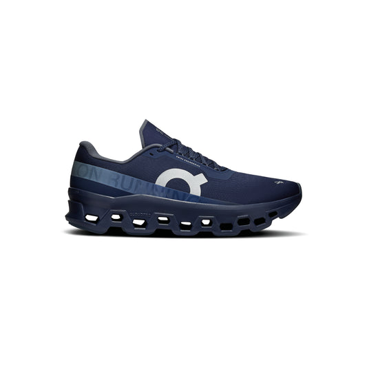 ON Cloudmonster Midnight Navy running shoe with oversized CloudTec cushioning Helion superfoam and breathable engineered mesh upper