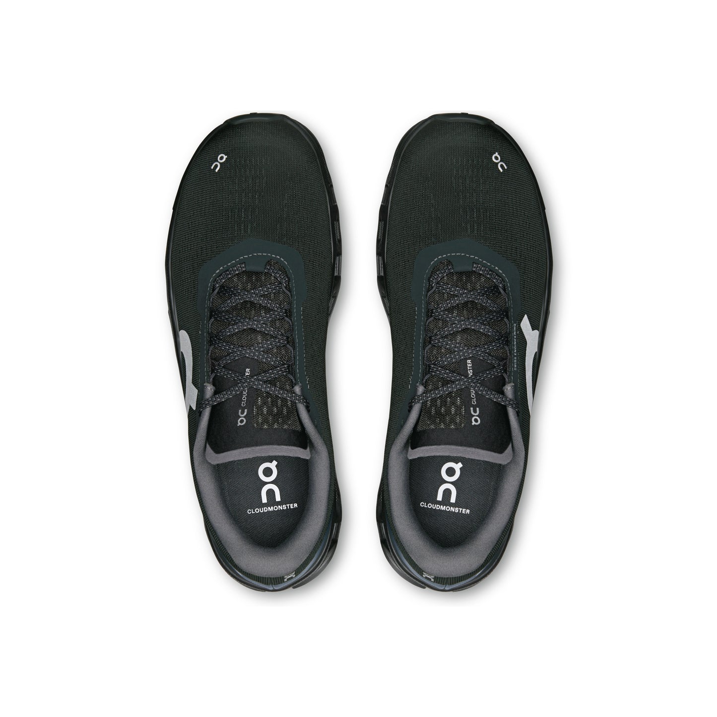 ON Cloudmonster Black running shoe with oversized CloudTec cushioning Helion superfoam and breathable engineered mesh upper