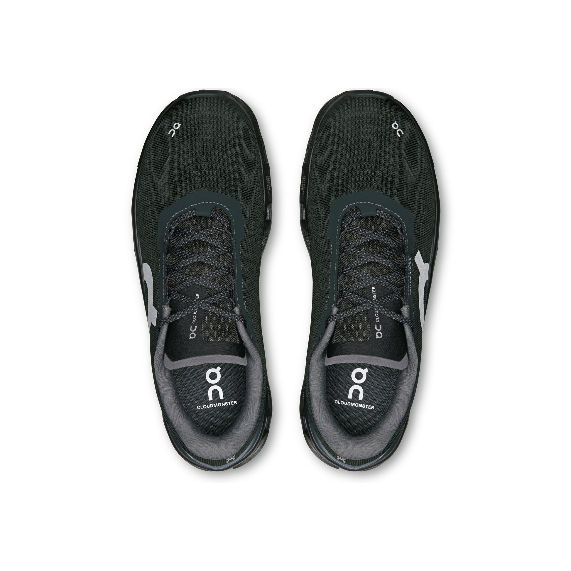 ON Cloudmonster Black running shoe with oversized CloudTec cushioning Helion superfoam and breathable engineered mesh upper
