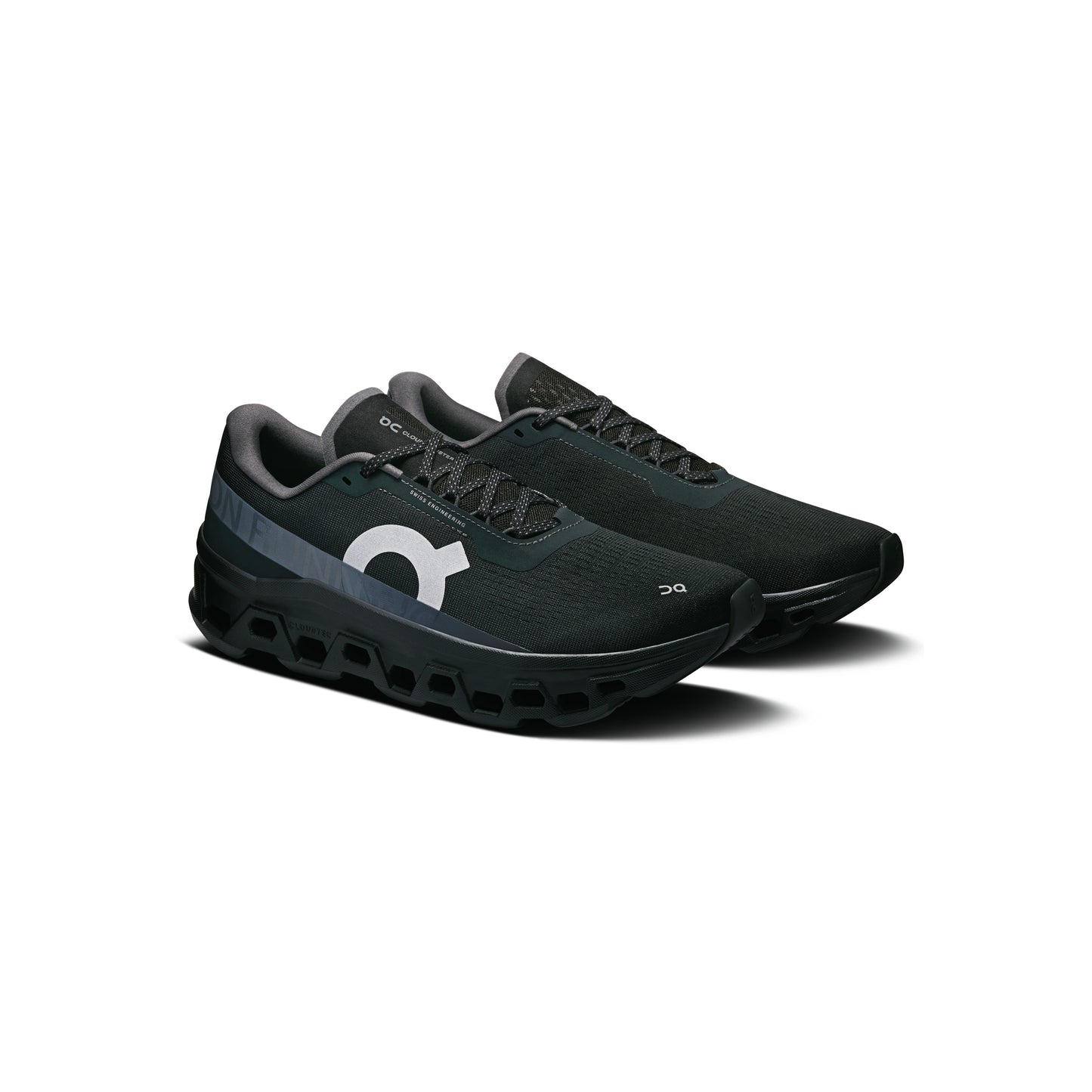 ON Cloudmonster Black running shoe with oversized CloudTec cushioning Helion superfoam and breathable engineered mesh upper
