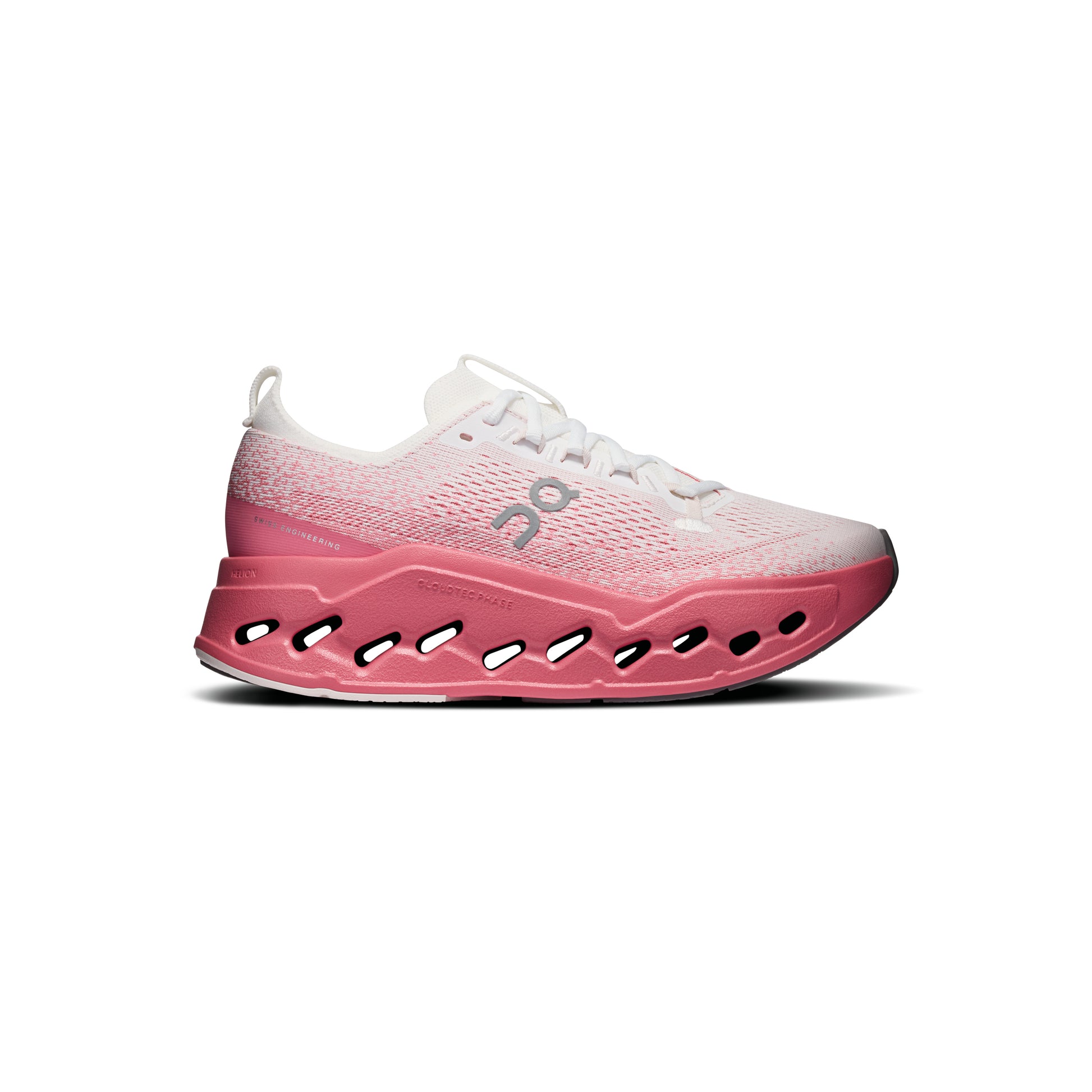ON Cloudsurfer Max White Camellia women's running shoe with CloudTec Phase cushioning Helion superfoam and breathable mesh upper