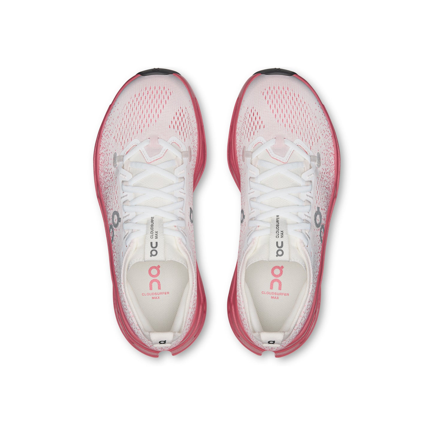 ON Cloudsurfer Max White Camellia women's running shoe with CloudTec Phase cushioning Helion superfoam and breathable mesh upper