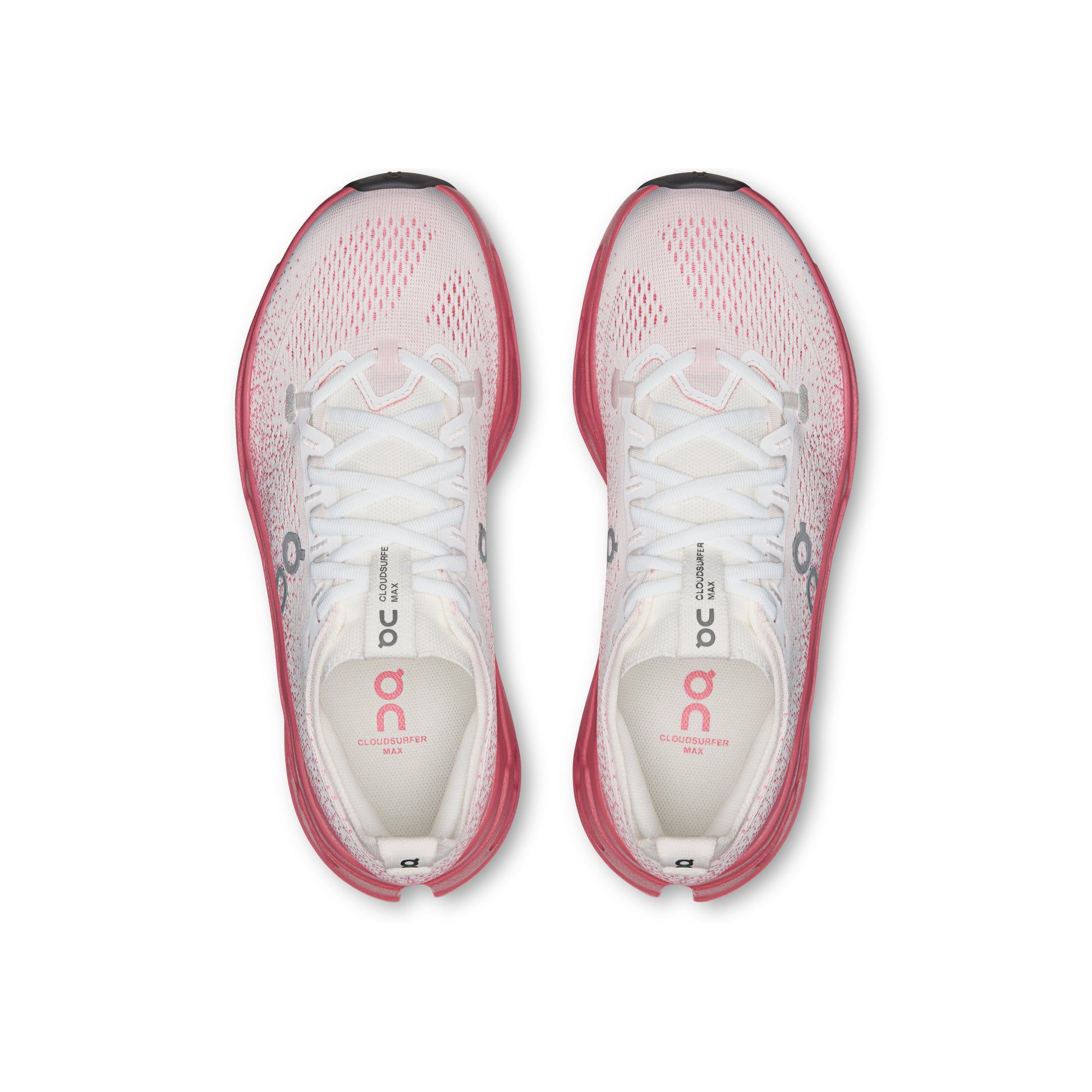ON Cloudsurfer Max White Camellia women's running shoe with CloudTec Phase cushioning Helion superfoam and breathable mesh upper