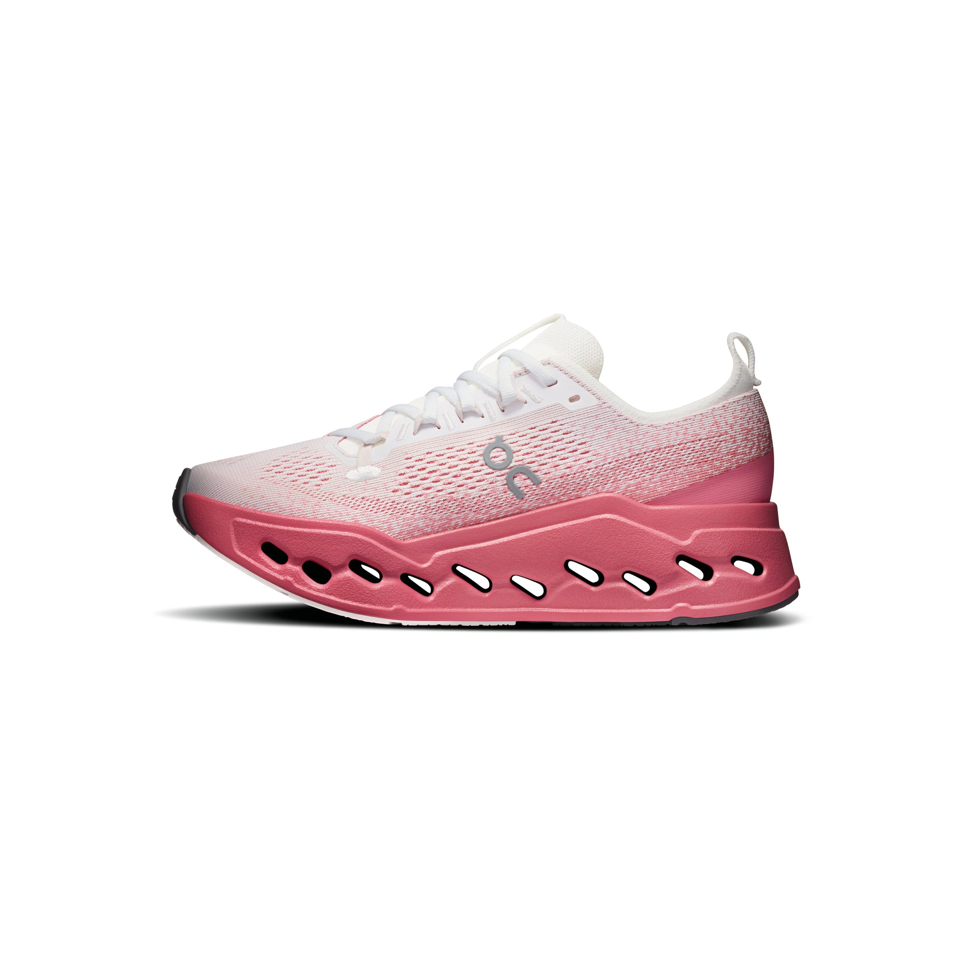 ON Cloudsurfer Max White Camellia women's running shoe with CloudTec Phase cushioning Helion superfoam and breathable mesh upper