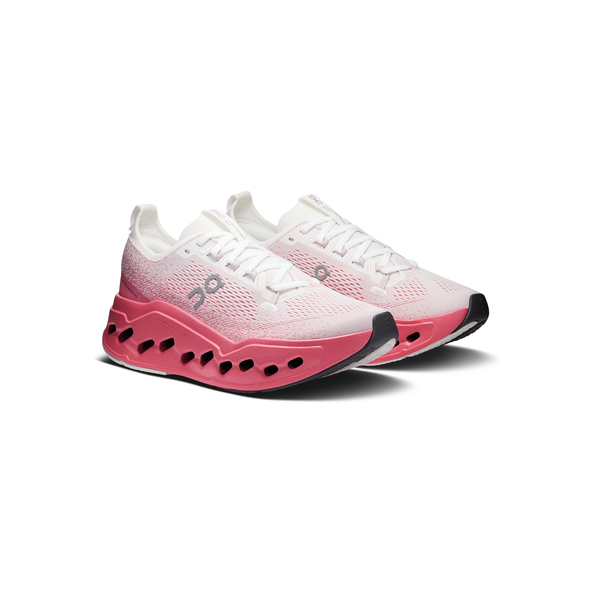 ON Cloudsurfer Max White Camellia women's running shoe with CloudTec Phase cushioning Helion superfoam and breathable mesh upper