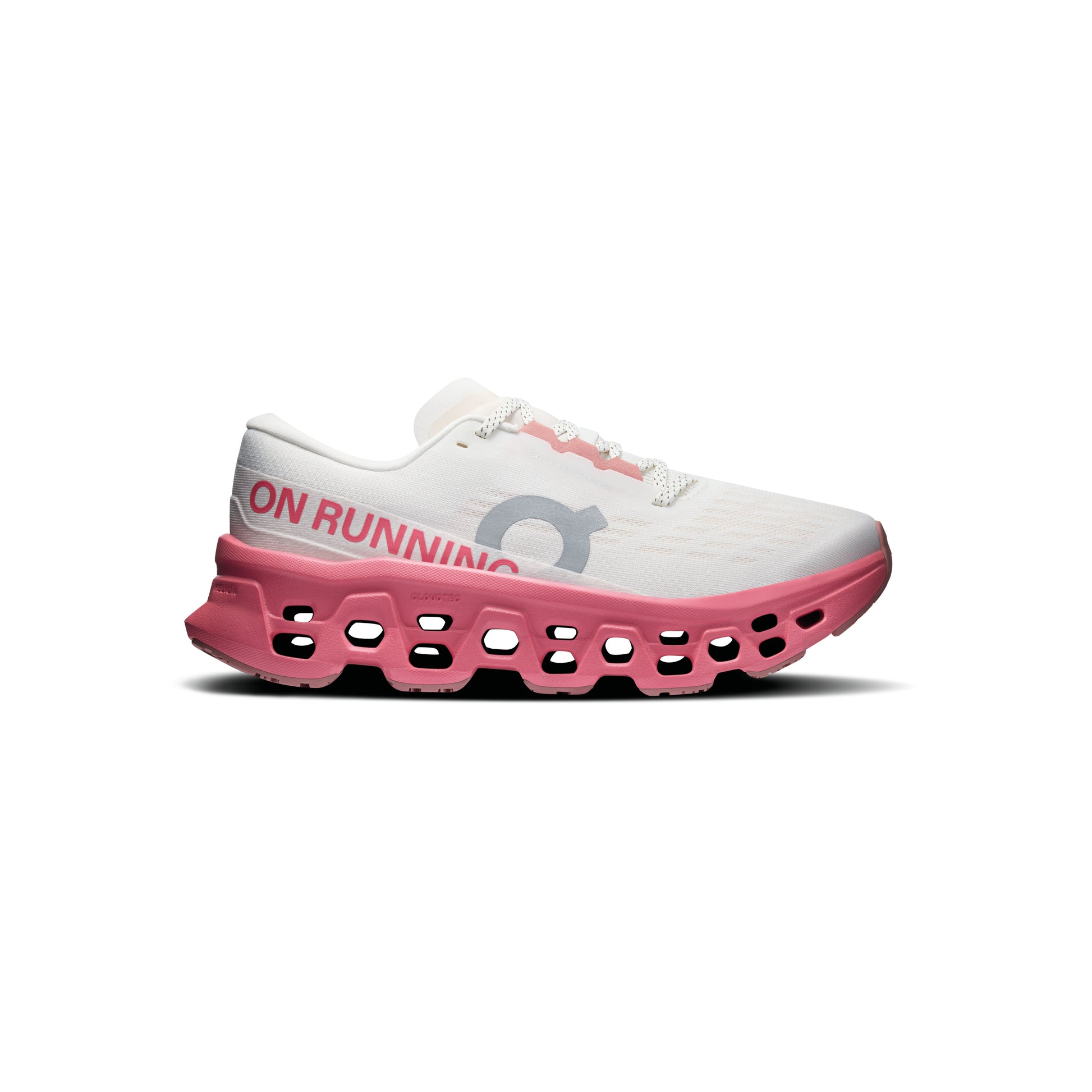 ON Cloudmonster 3 Ivory Camellia women's running shoe with CloudTec cushioning and pink midsole