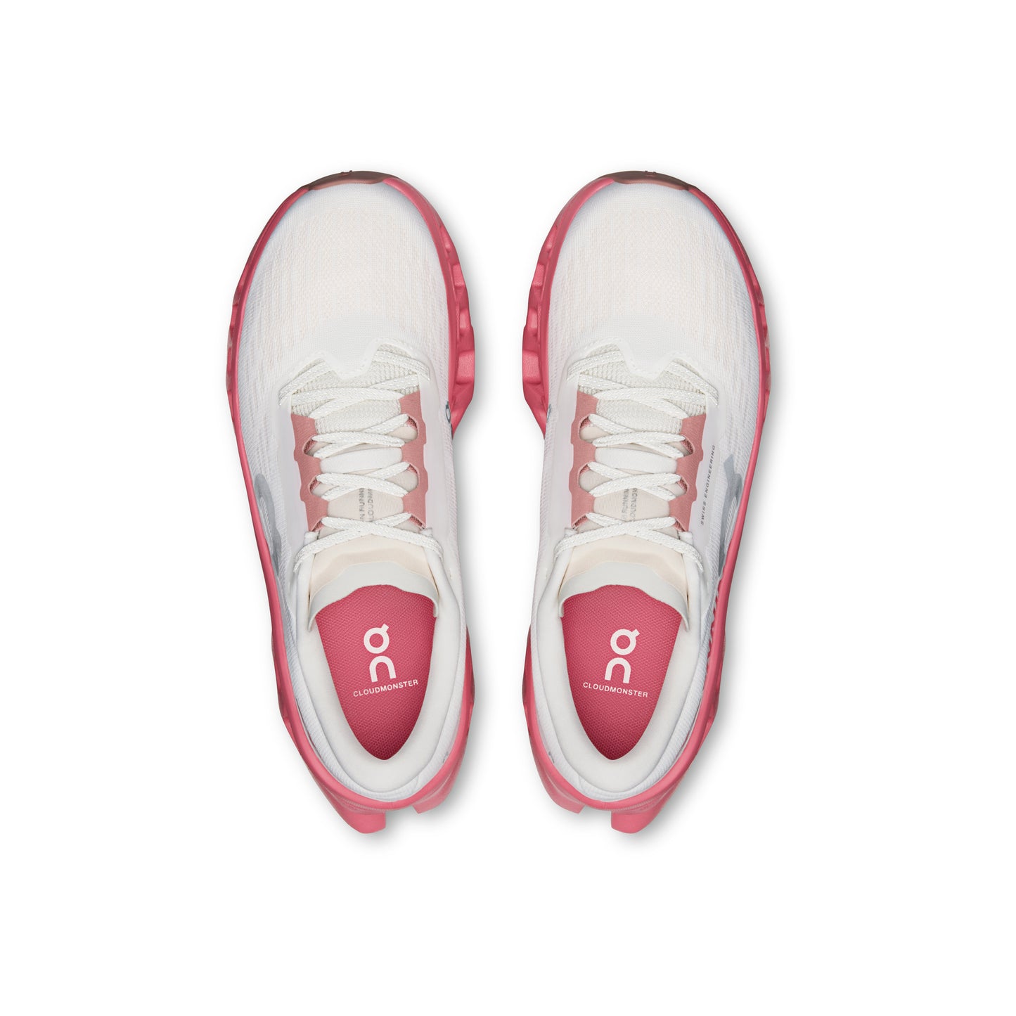 ON Cloudmonster 3 Ivory Camellia women's running shoe with CloudTec cushioning and pink midsole