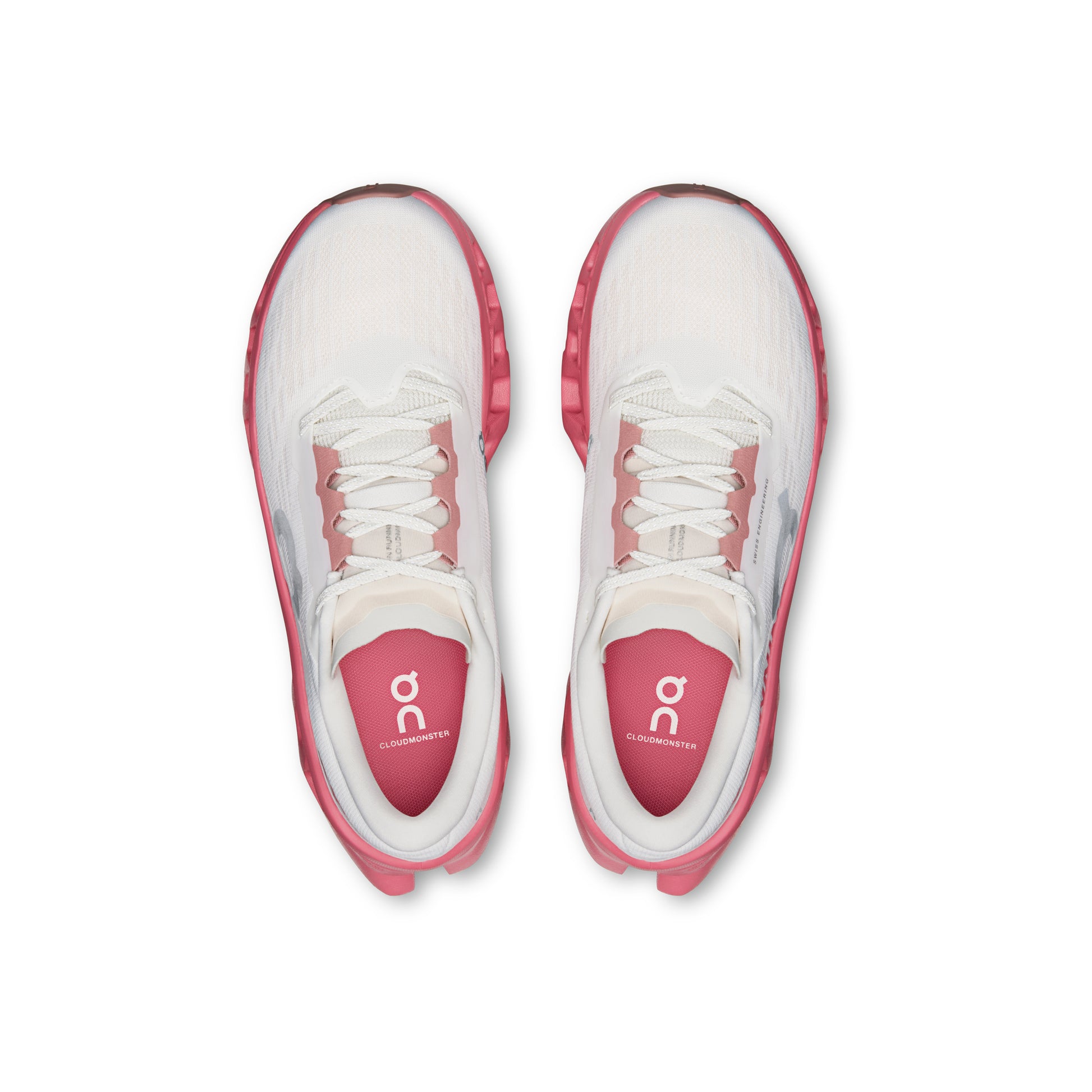 ON Cloudmonster 3 Ivory Camellia women's running shoe with CloudTec cushioning and pink midsole