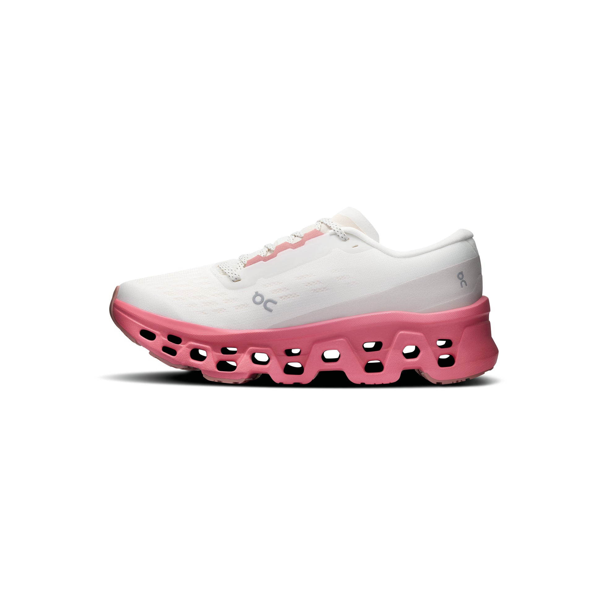ON Cloudmonster 3 Ivory Camellia women's running shoe with CloudTec cushioning and pink midsole