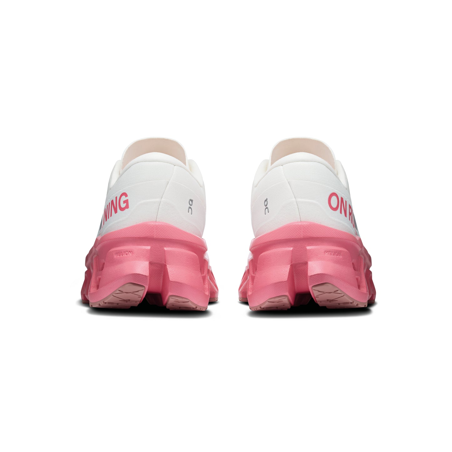 ON Cloudmonster 3 Ivory Camellia women's running shoe with CloudTec cushioning and pink midsole