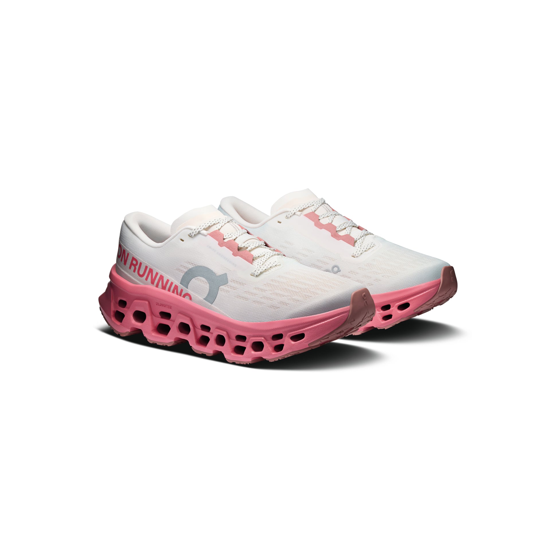 ON Cloudmonster 3 Ivory Camellia women's running shoe with CloudTec cushioning and pink midsole