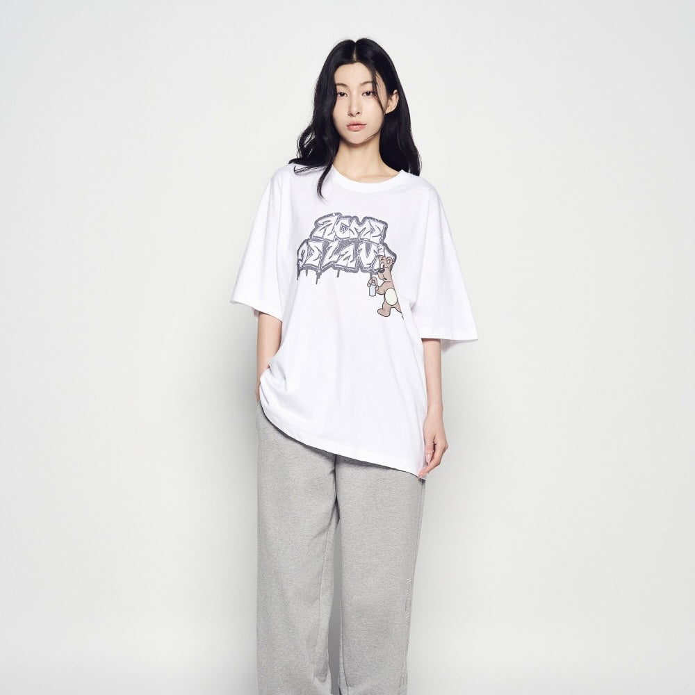 ADLV AC Bear Spray SS T-Shirt White oversized graphic tee bear print graffiti streetwear casual top