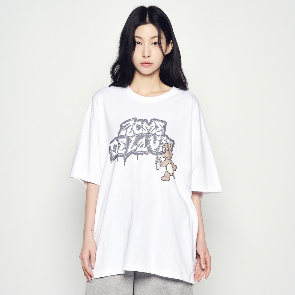 ADLV AC Bear Spray SS T-Shirt White oversized graphic tee bear print graffiti streetwear casual top