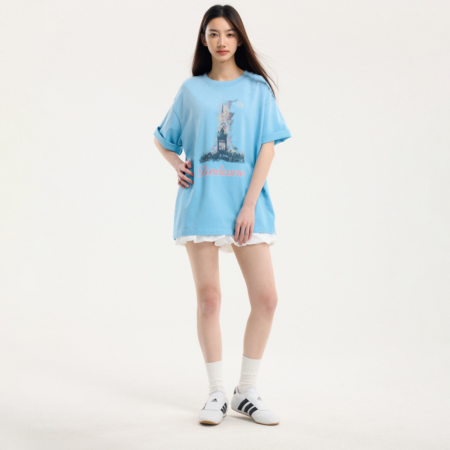 Boneless Washed Retro T-Shirt Sky Blue oversized graphic tee vintage print washed streetwear casual top retro design