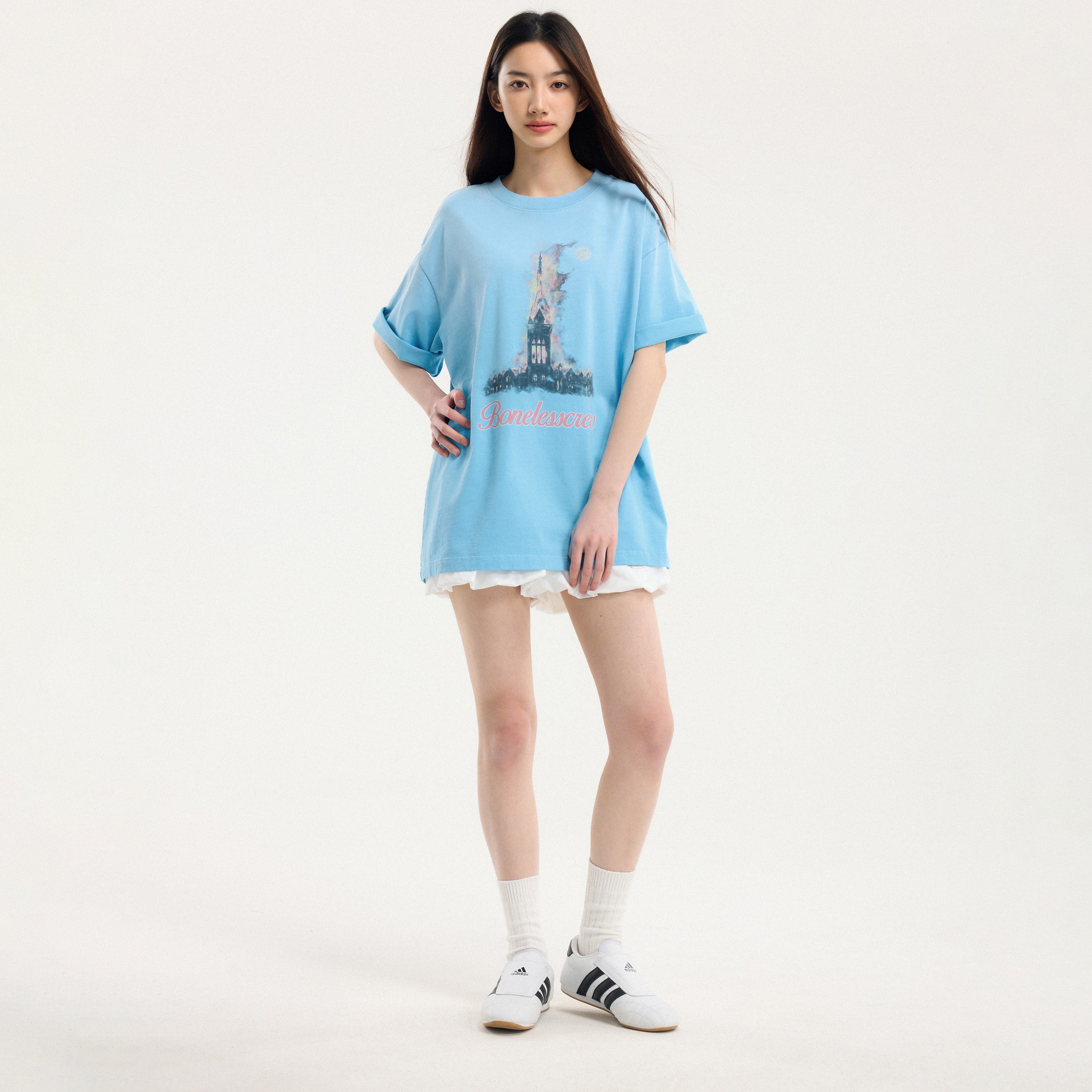Boneless Washed Retro T-Shirt Sky Blue oversized graphic tee vintage print washed streetwear casual top retro design