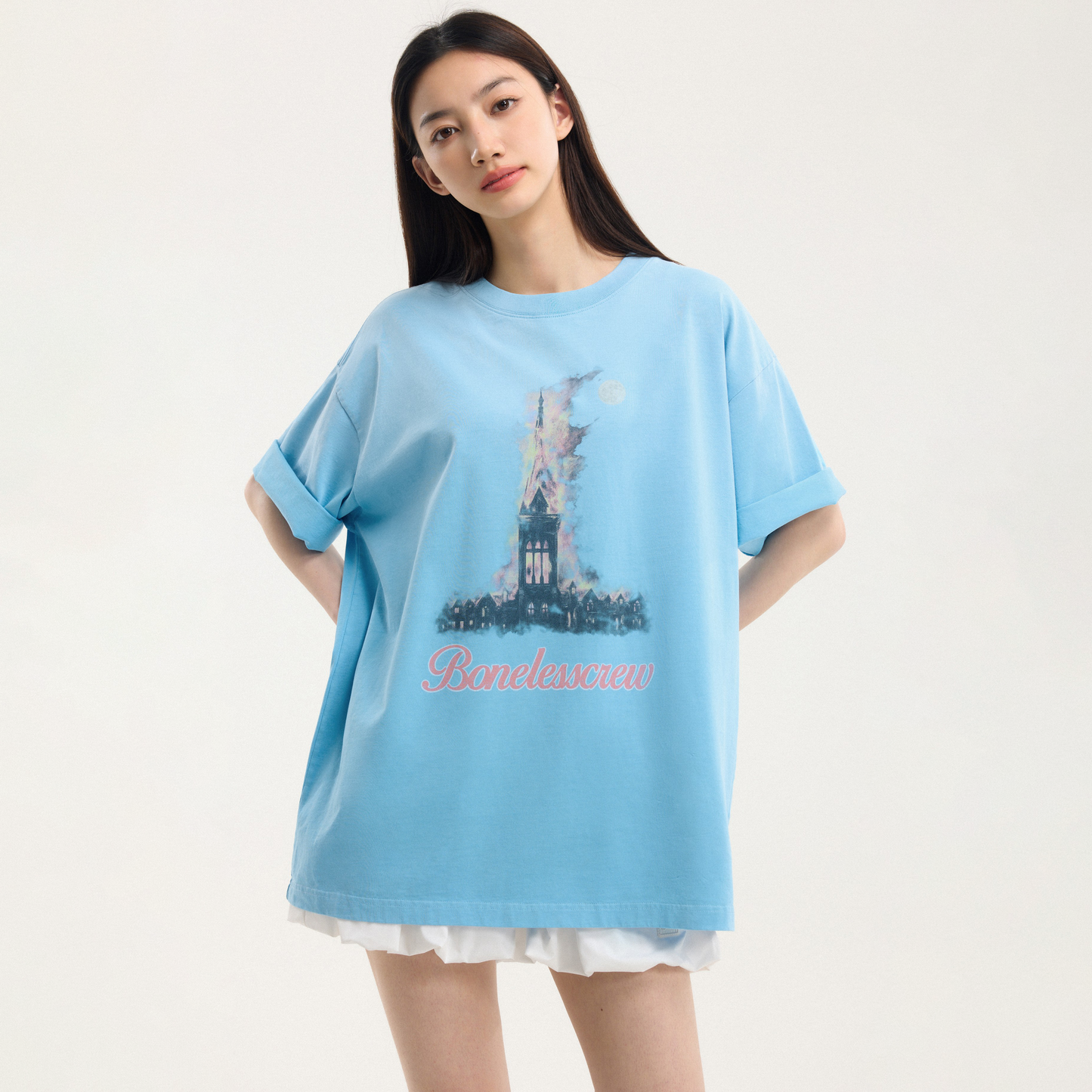 Boneless Washed Retro T-Shirt Sky Blue oversized graphic tee vintage print washed streetwear casual top retro design