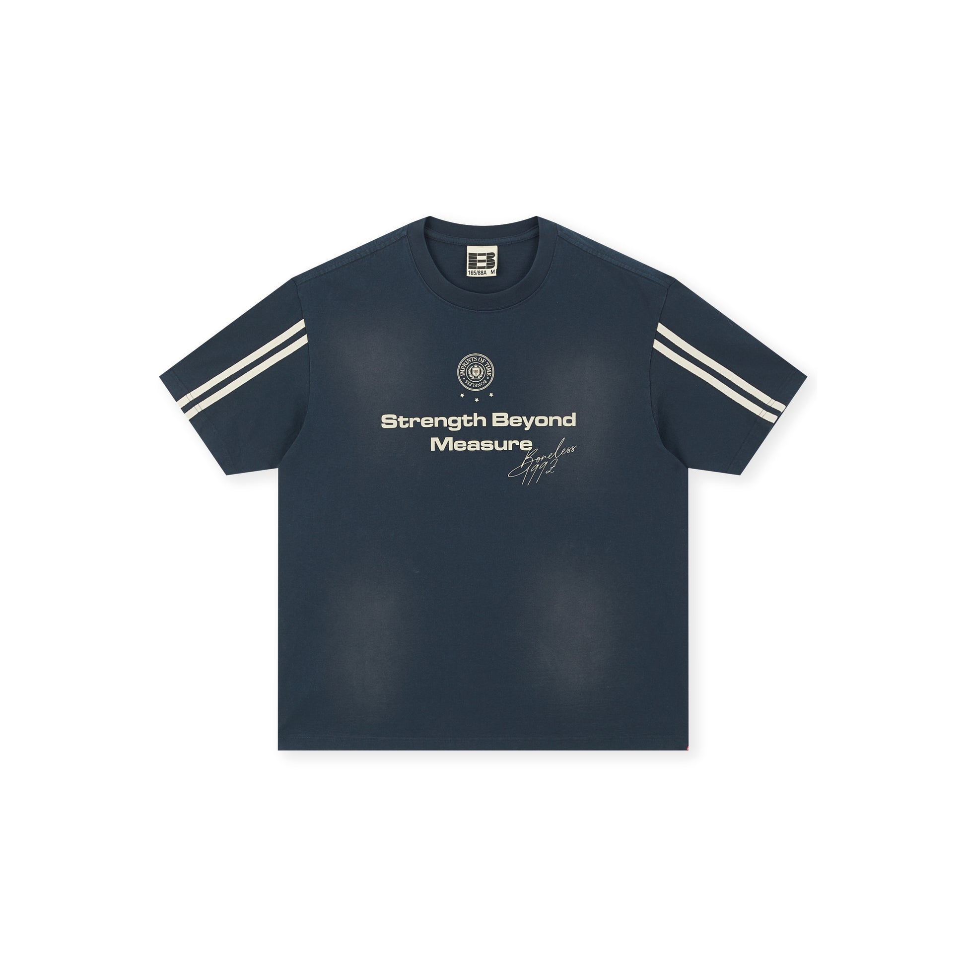 Boneless Spray Print T-Shirt Navy with Strength Beyond Measure graphic and contrast sleeve stripes