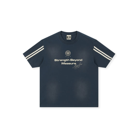 Boneless Spray Print T-Shirt Navy with Strength Beyond Measure graphic and contrast sleeve stripes