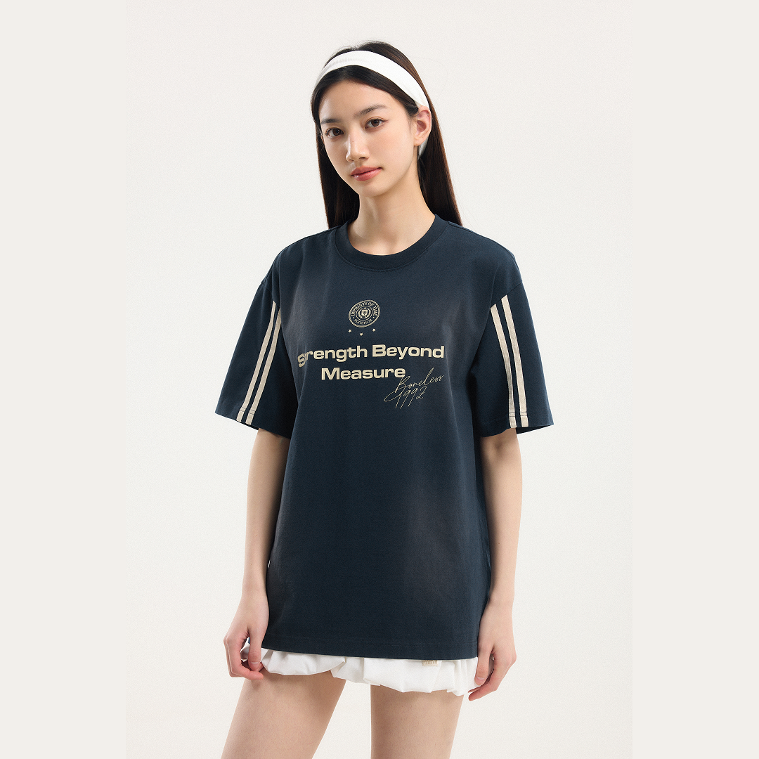 Boneless Spray Print T-Shirt Navy with Strength Beyond Measure graphic and contrast sleeve stripes