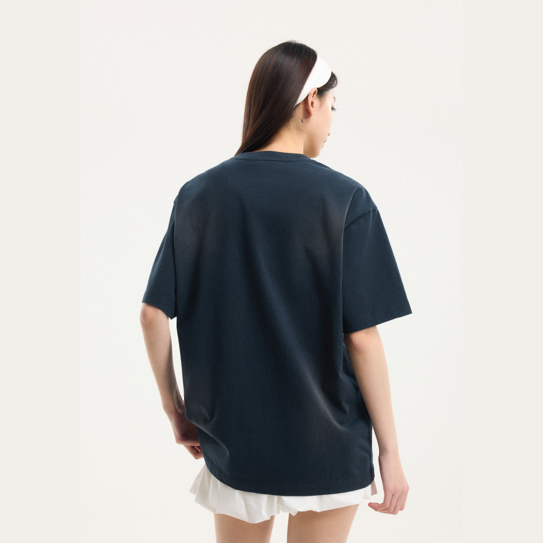 Boneless Spray Print T-Shirt Navy with Strength Beyond Measure graphic and contrast sleeve stripes