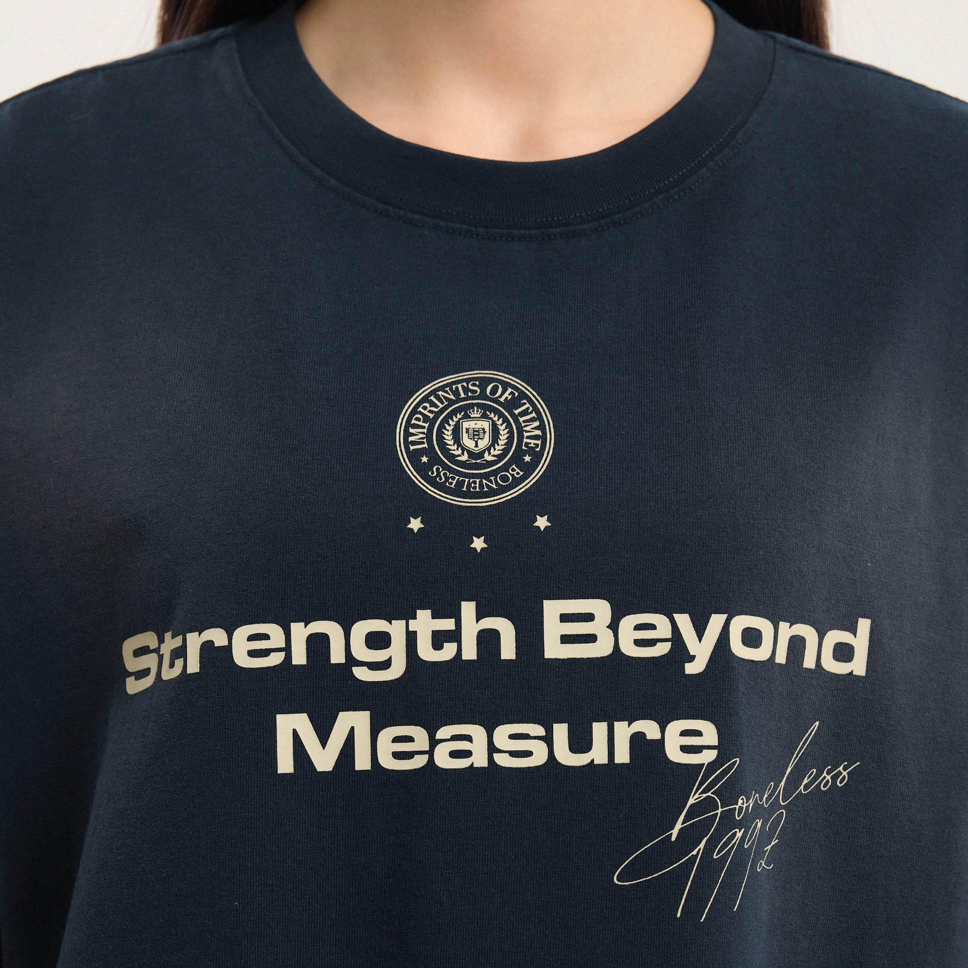 Boneless Spray Print T-Shirt Navy with Strength Beyond Measure graphic and contrast sleeve stripes