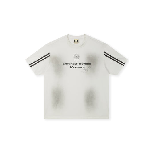Boneless Spray Print T-Shirt White with Strength Beyond Measure graphic and contrast sleeve stripes