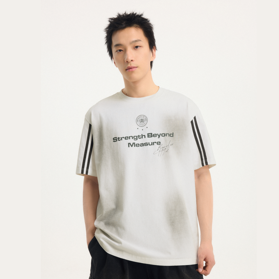 Boneless Spray Print T-Shirt White with Strength Beyond Measure graphic and contrast sleeve stripes