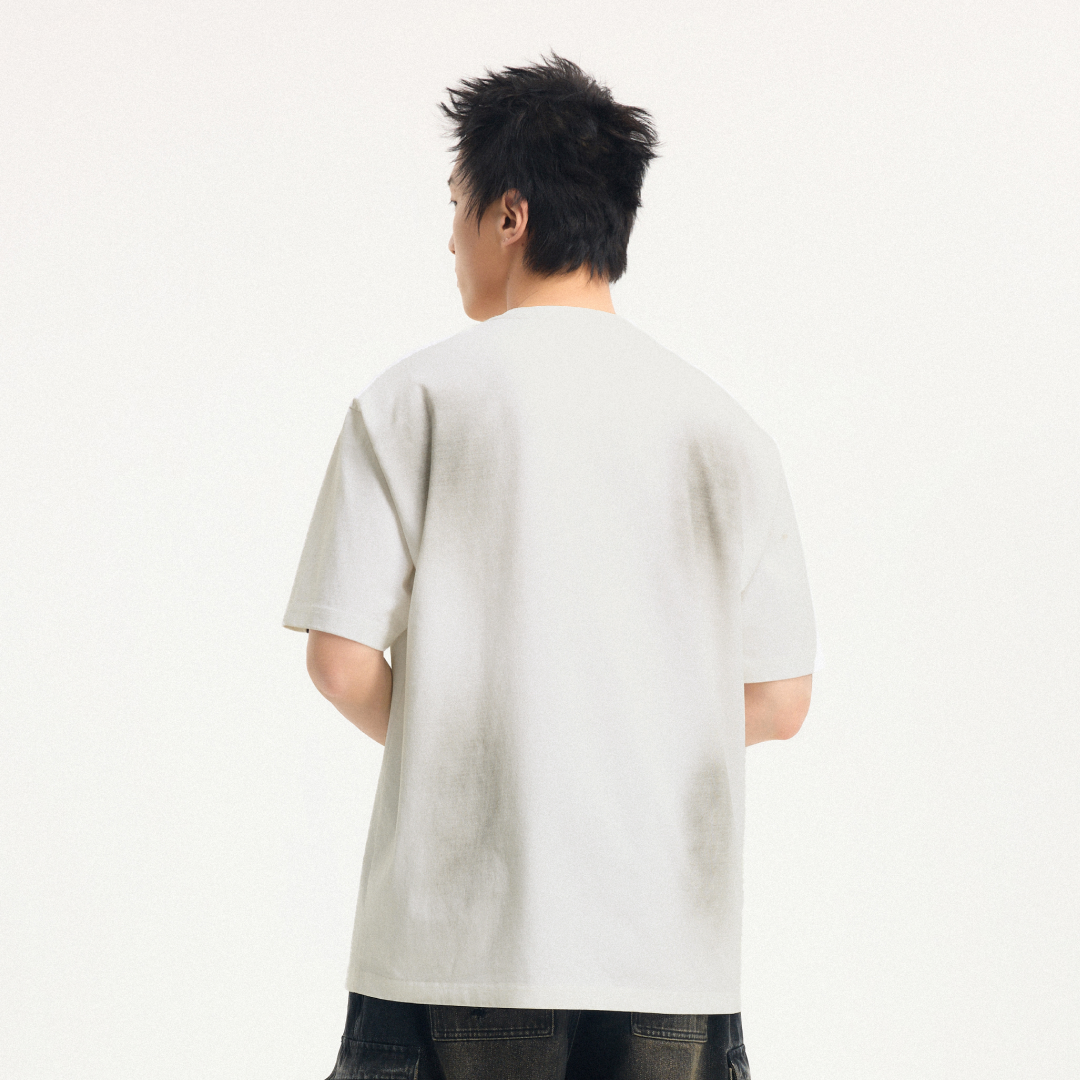 Boneless Spray Print T-Shirt White with Strength Beyond Measure graphic and contrast sleeve stripes