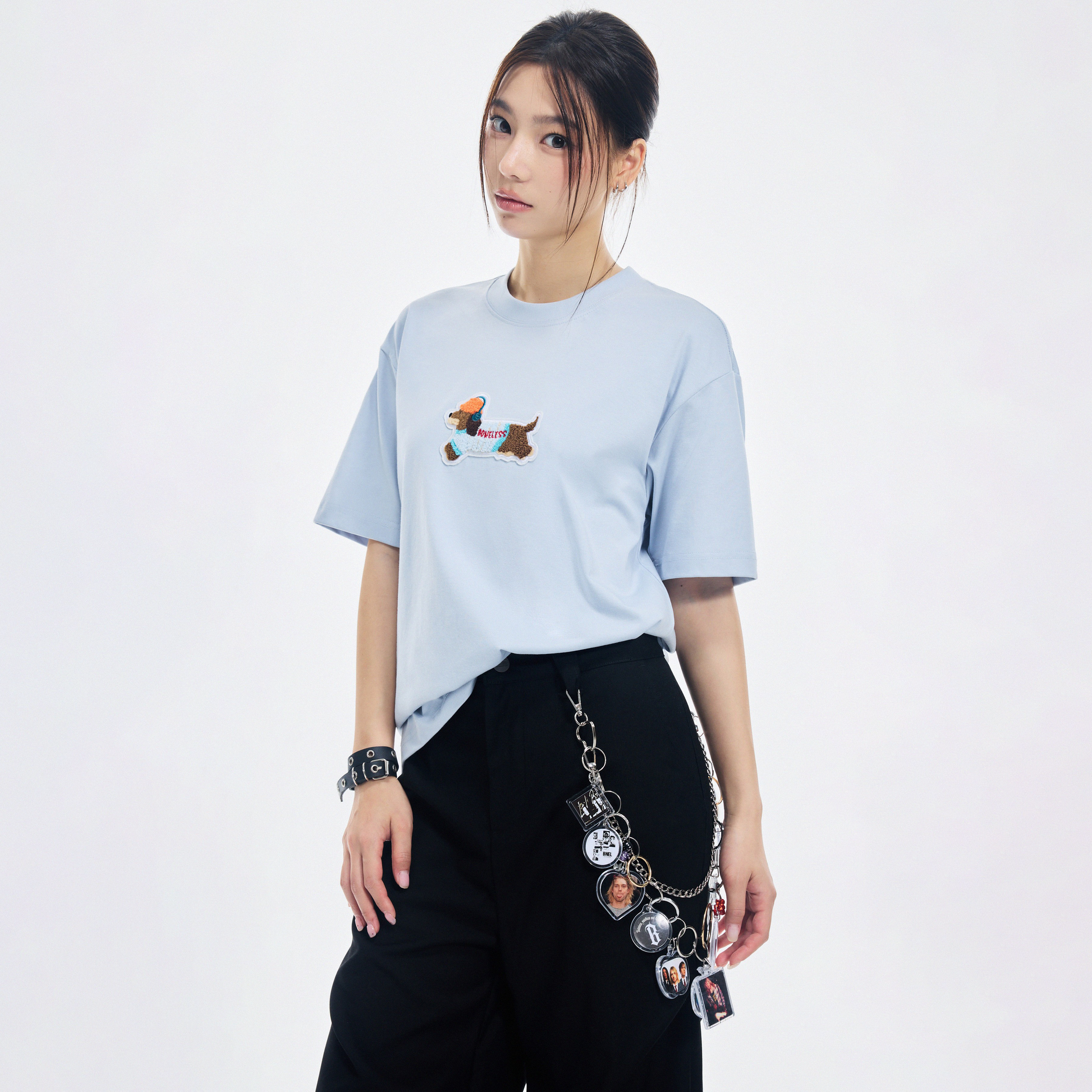 Boneless 3D Embroidered Puppy T-Shirt Haze Blue oversized embroidered tee puppy graphic casual streetwear top minimalist design