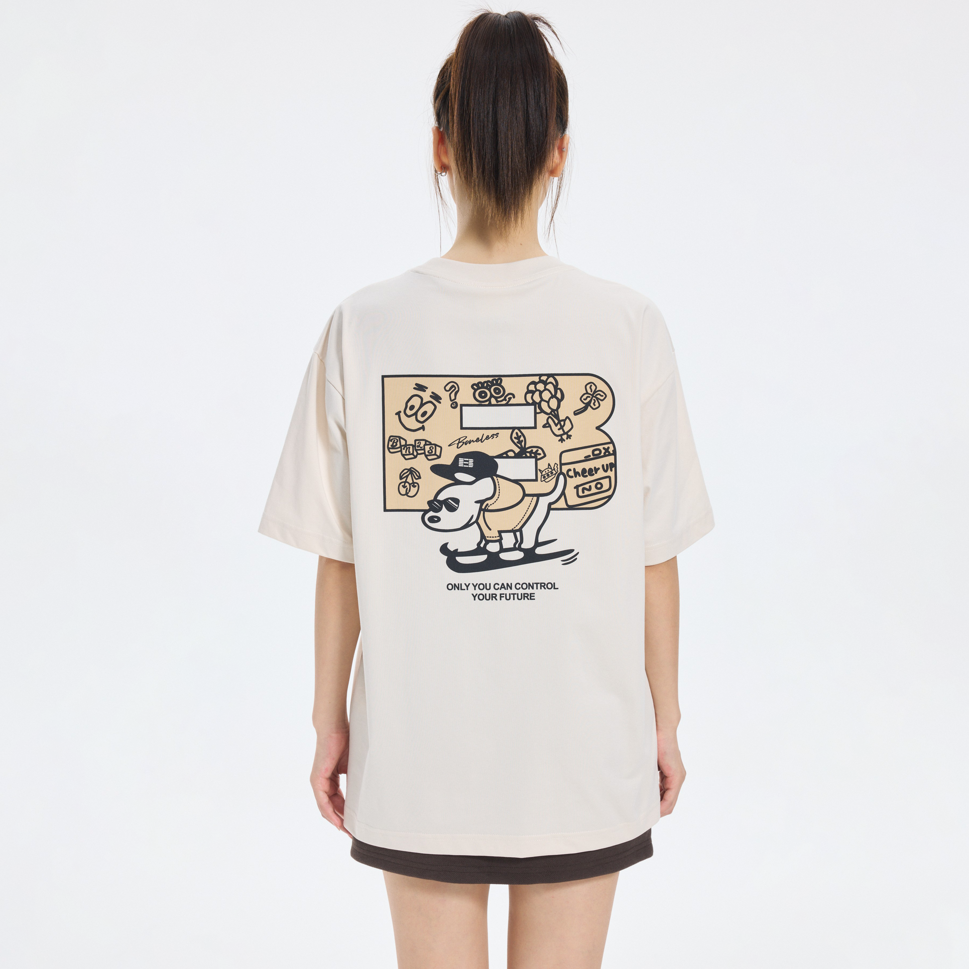 Boneless Fun Graffiti Skateboard Puppy T-Shirt Apricot oversized graphic tee skateboard puppy print casual streetwear top back graphic design