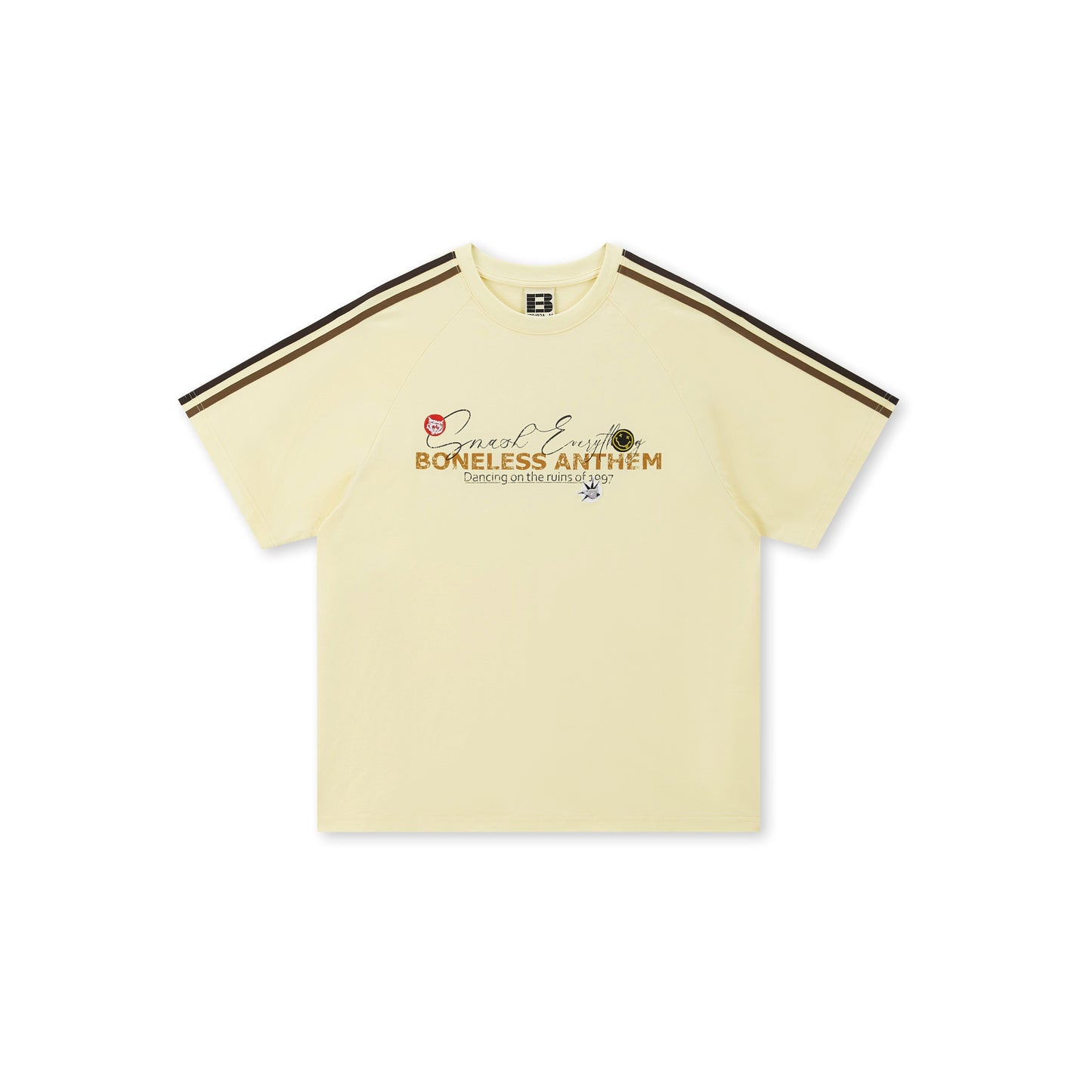 Boneless Punk Spirit T-Shirt Lemon Yellow oversized graphic tee contrast stripe casual streetwear top retro sports style