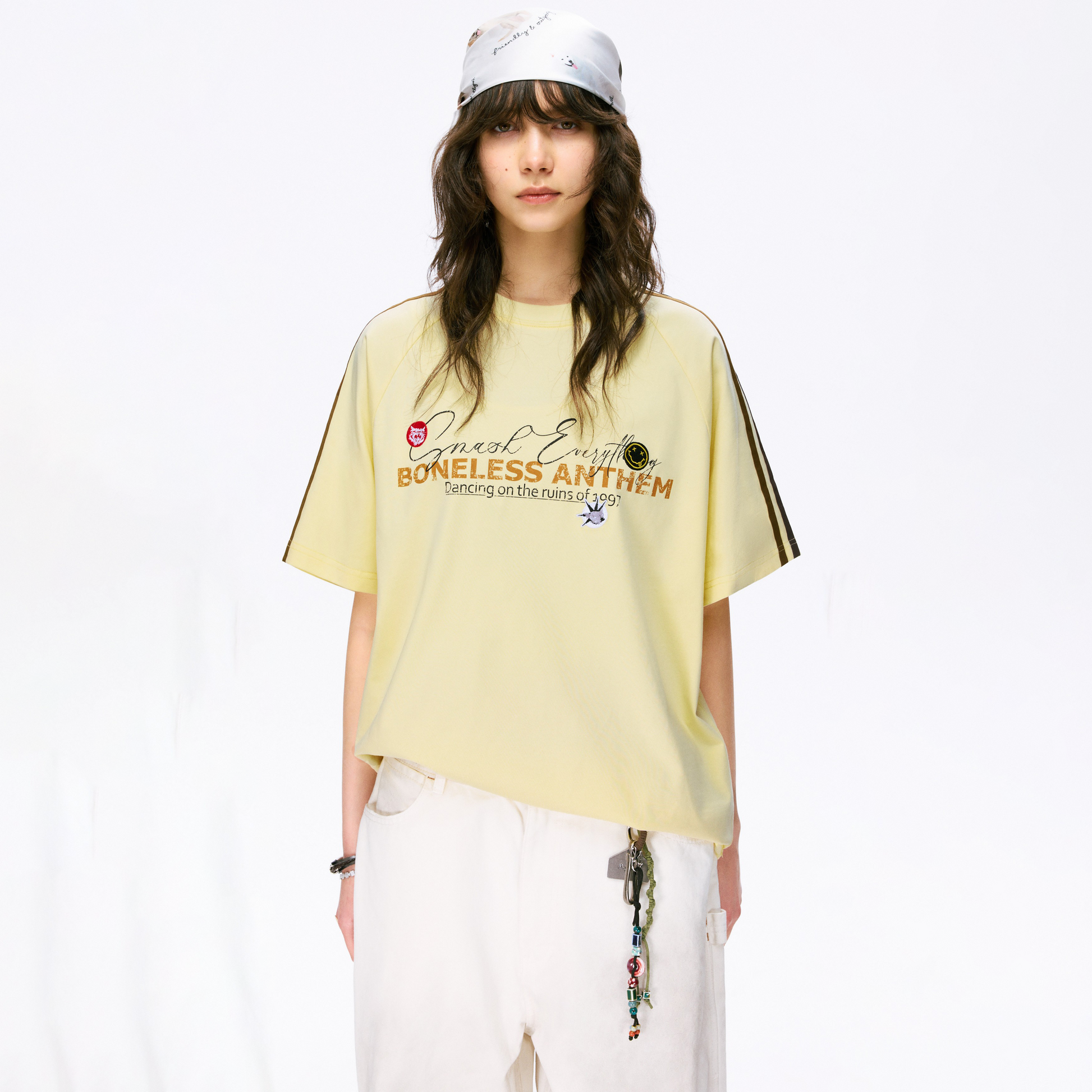 Boneless Punk Spirit T-Shirt Lemon Yellow oversized graphic tee contrast stripe casual streetwear top retro sports style