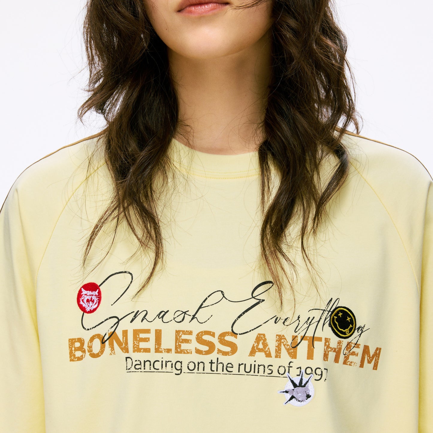 Boneless Punk Spirit T-Shirt Lemon Yellow oversized graphic tee contrast stripe casual streetwear top retro sports style