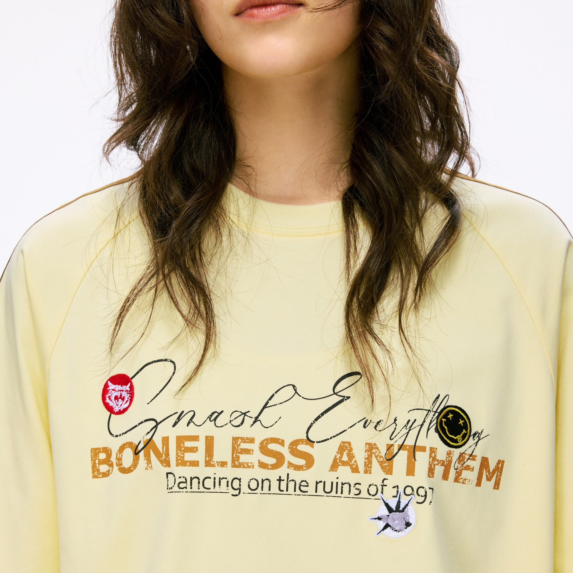 Boneless Punk Spirit T-Shirt Lemon Yellow oversized graphic tee contrast stripe casual streetwear top retro sports style